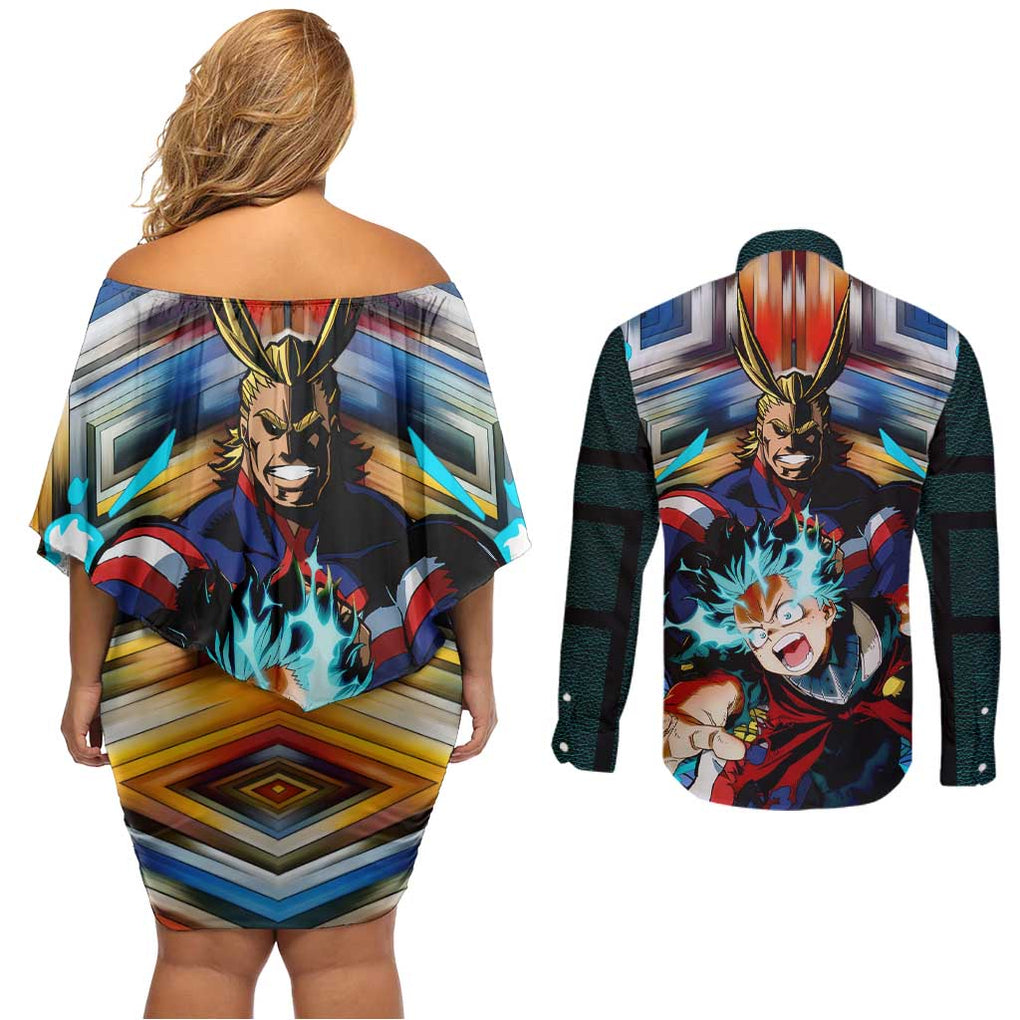 Trippy Deku x All Might My Hero Academia Couples Matching Off Shoulder Short Dress and Long Sleeve Button Shirt Trippy Style
