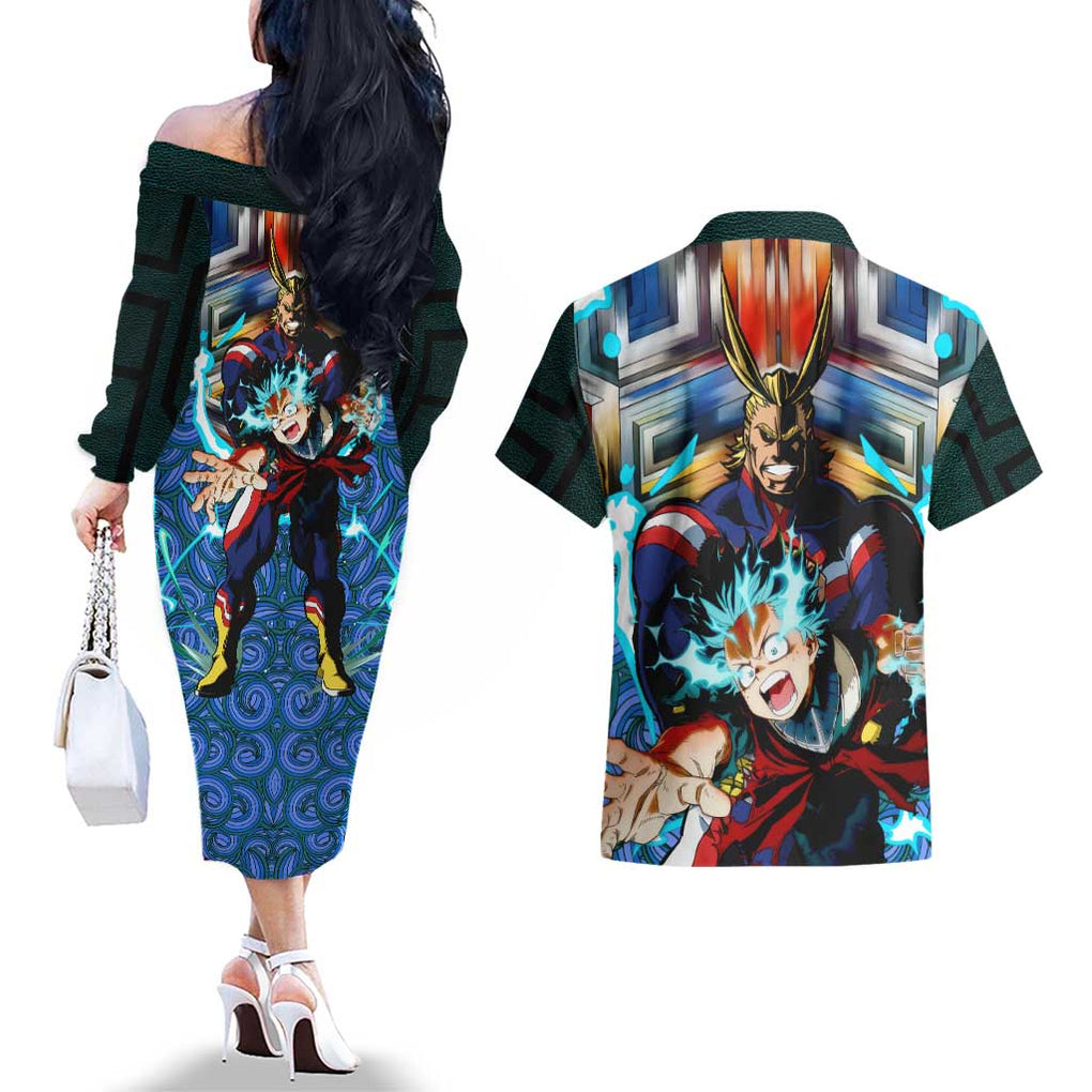 Trippy Deku x All Might My Hero Academia Couples Matching Off The Shoulder Long Sleeve Dress and Hawaiian Shirt Trippy Style