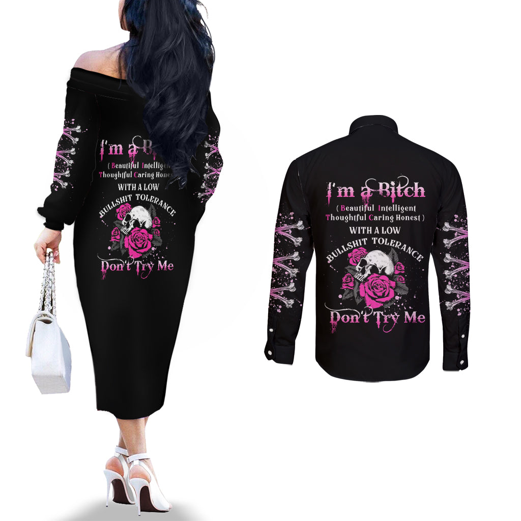 im-a-b-dont-try-me-rose-skull-couples-matching-off-the-shoulder-long-sleeve-dress-and-long-sleeve-button-shirt