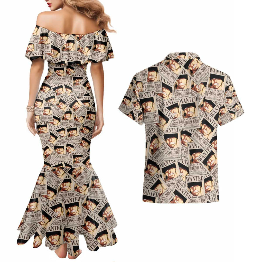 Roronoa Zoro Wanted - One Piece Couples Matching Mermaid Dress and Hawaiian Shirt Anime Style
