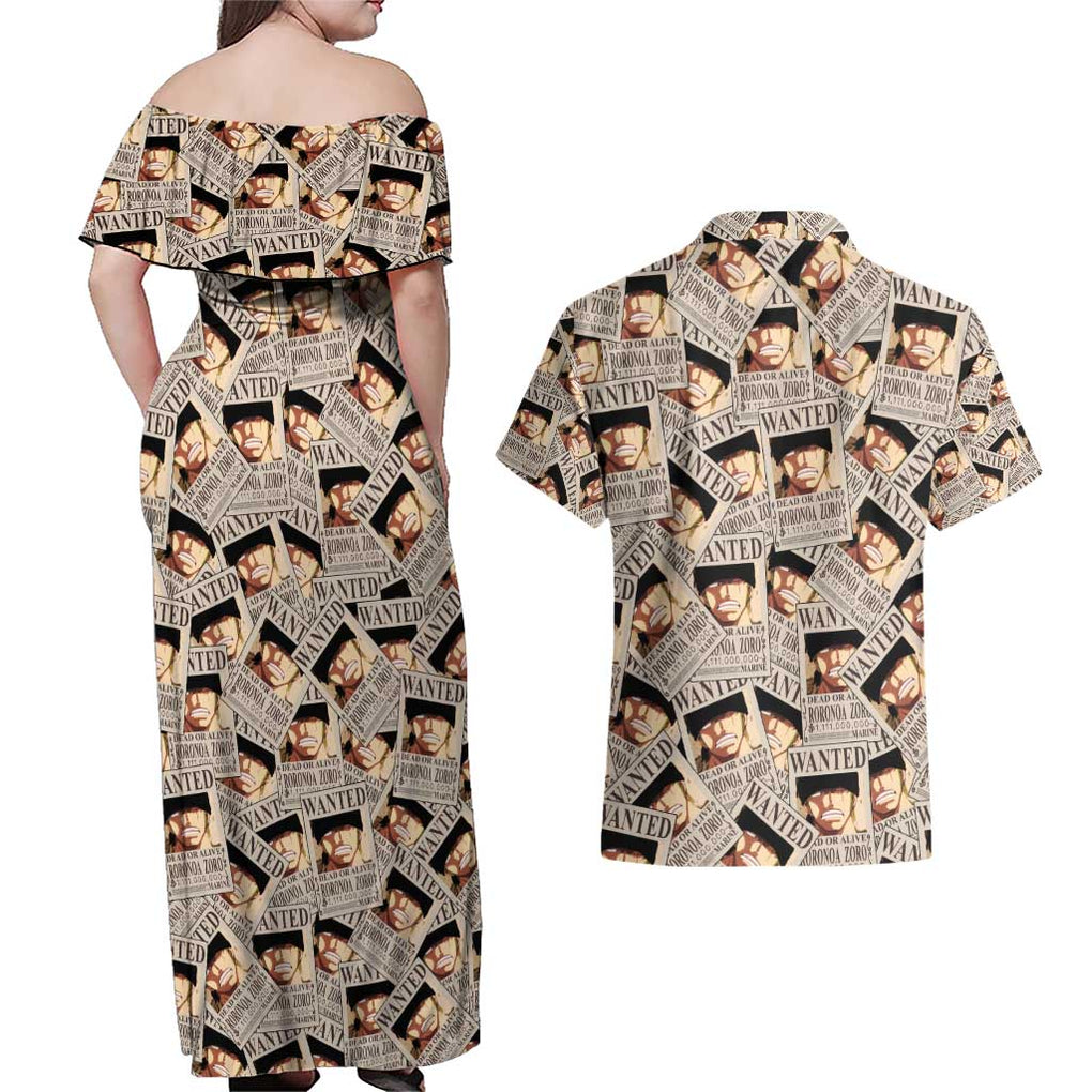 Roronoa Zoro Wanted - One Piece Couples Matching Off Shoulder Maxi Dress and Hawaiian Shirt Anime Style
