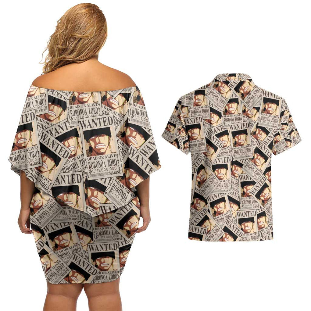 Roronoa Zoro Wanted - One Piece Couples Matching Off Shoulder Short Dress and Hawaiian Shirt Anime Style