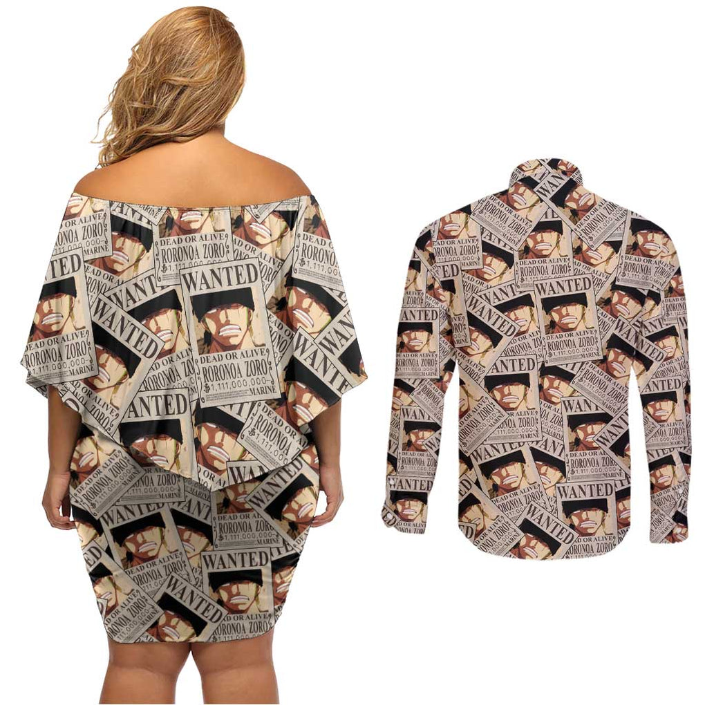 Roronoa Zoro Wanted - One Piece Couples Matching Off Shoulder Short Dress and Long Sleeve Button Shirt Anime Style