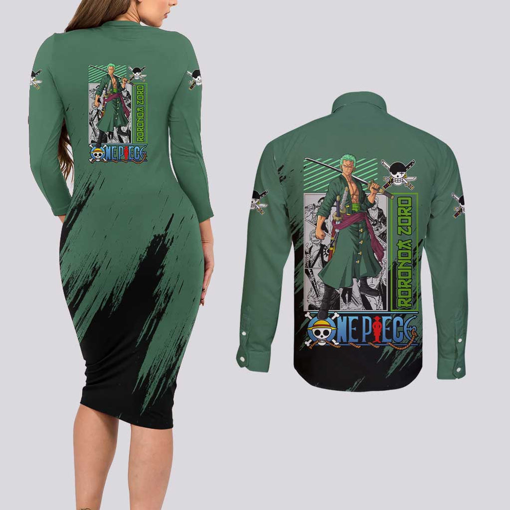 Roronoa Zoro Mix Manga - One Piece Couples Matching Long Sleeve Bodycon Dress and Long Sleeve Button Shirt Anime Style