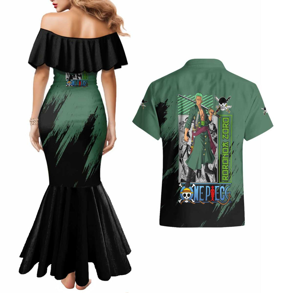 Roronoa Zoro Mix Manga - One Piece Couples Matching Mermaid Dress and Hawaiian Shirt Anime Style