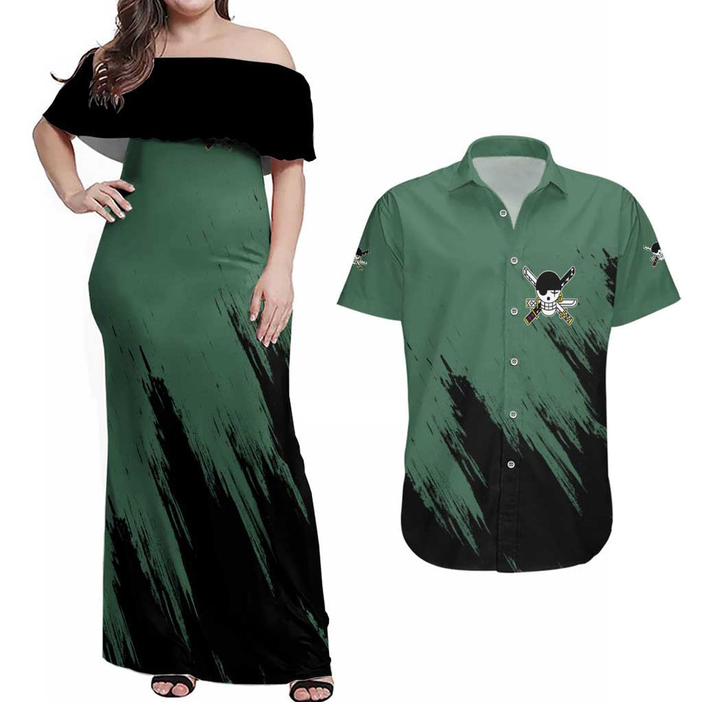 Roronoa Zoro Mix Manga - One Piece Couples Matching Off Shoulder Maxi Dress and Hawaiian Shirt Anime Style