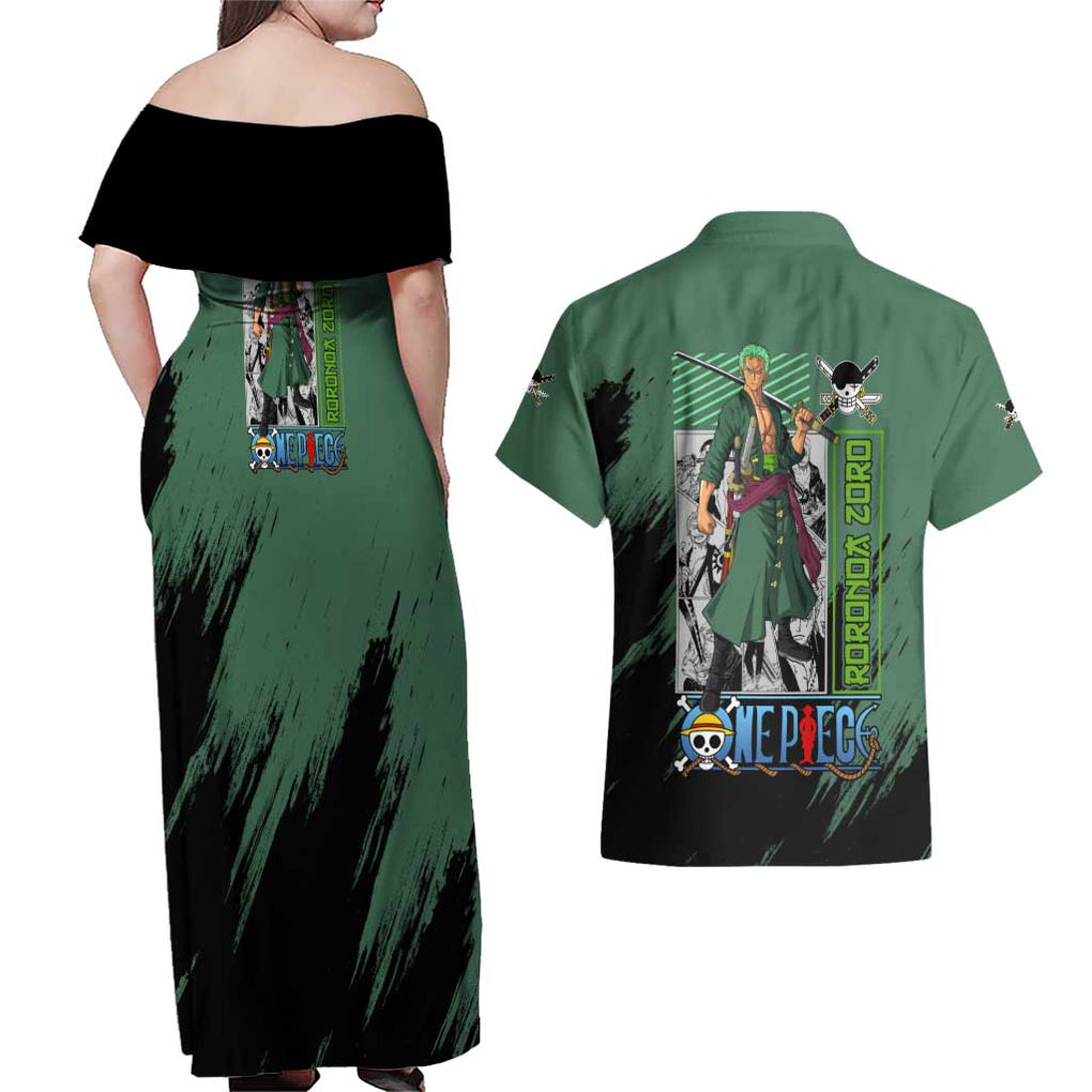 Roronoa Zoro Mix Manga - One Piece Couples Matching Off Shoulder Maxi Dress and Hawaiian Shirt Anime Style