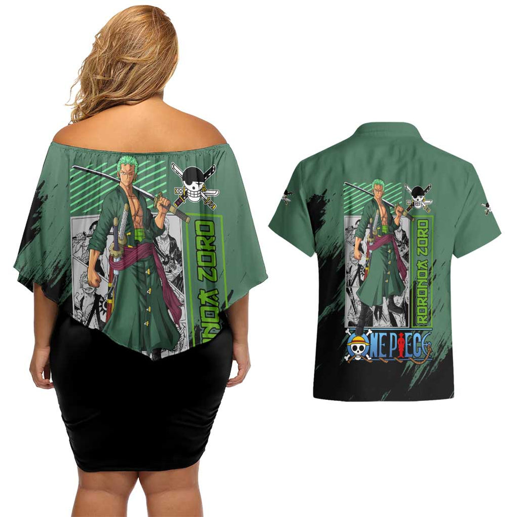 Roronoa Zoro Mix Manga - One Piece Couples Matching Off Shoulder Short Dress and Hawaiian Shirt Anime Style