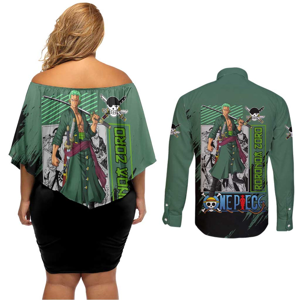 Roronoa Zoro Mix Manga - One Piece Couples Matching Off Shoulder Short Dress and Long Sleeve Button Shirt Anime Style