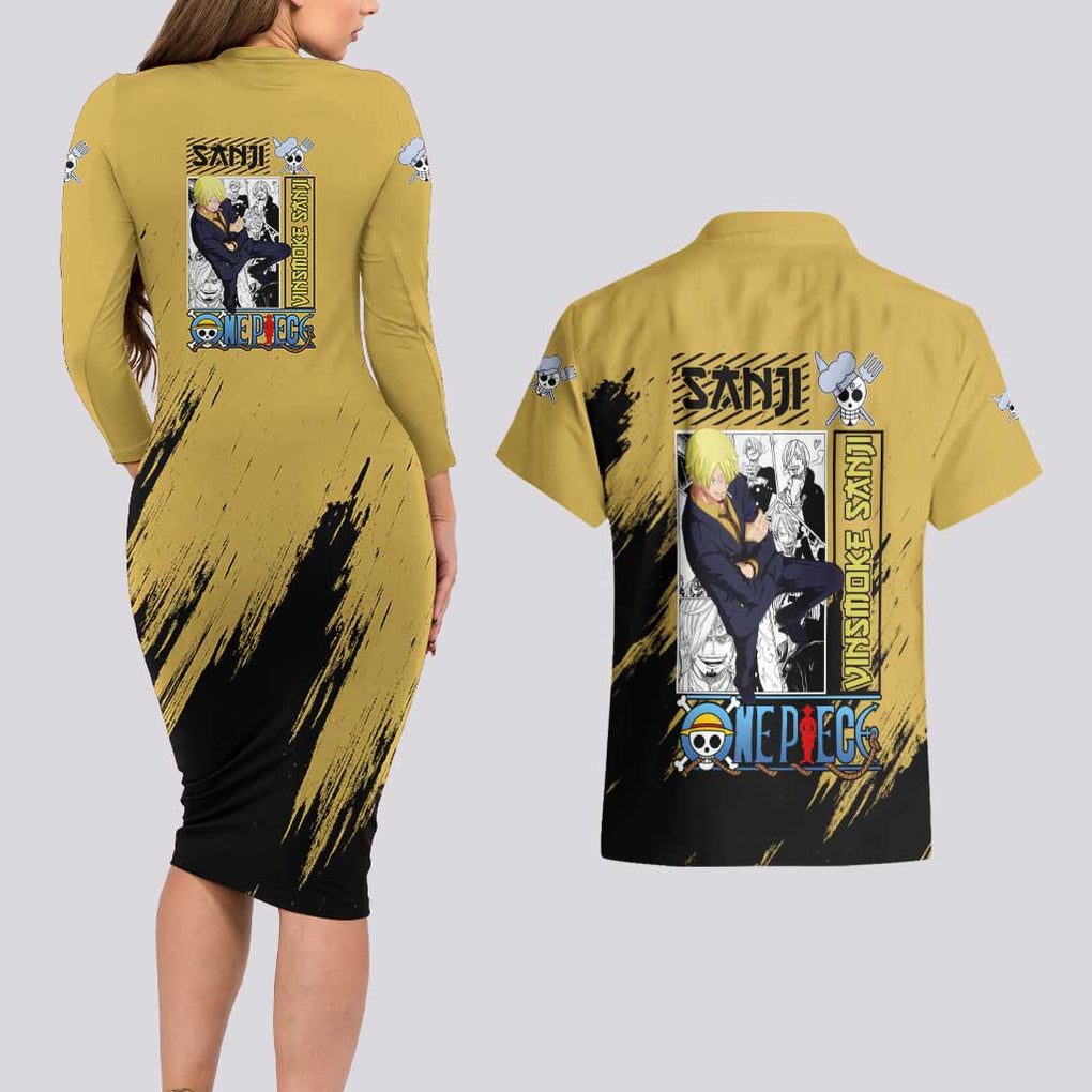 Sanji Mix Manga - One Piece Couples Matching Long Sleeve Bodycon Dress and Hawaiian Shirt Anime Style