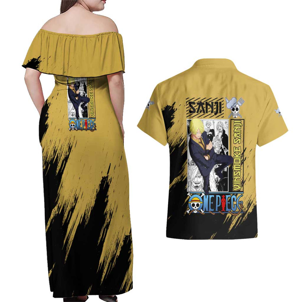 Sanji Mix Manga - One Piece Couples Matching Off Shoulder Maxi Dress and Hawaiian Shirt Anime Style