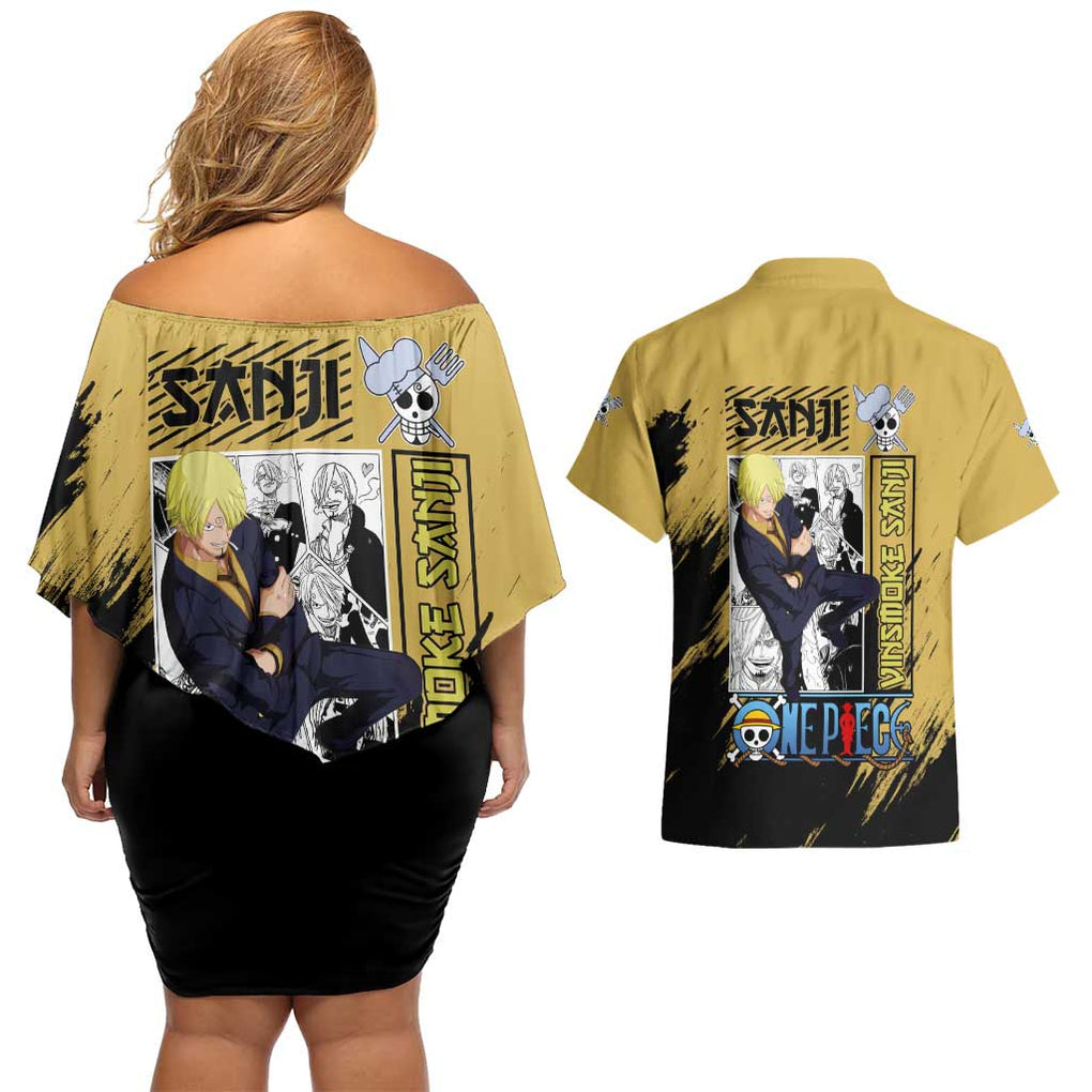Sanji Mix Manga - One Piece Couples Matching Off Shoulder Short Dress and Hawaiian Shirt Anime Style