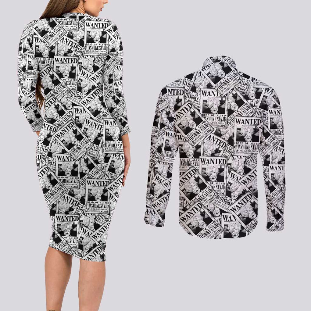 Sanji Wanted - One Piece Couples Matching Long Sleeve Bodycon Dress and Long Sleeve Button Shirt Anime Style