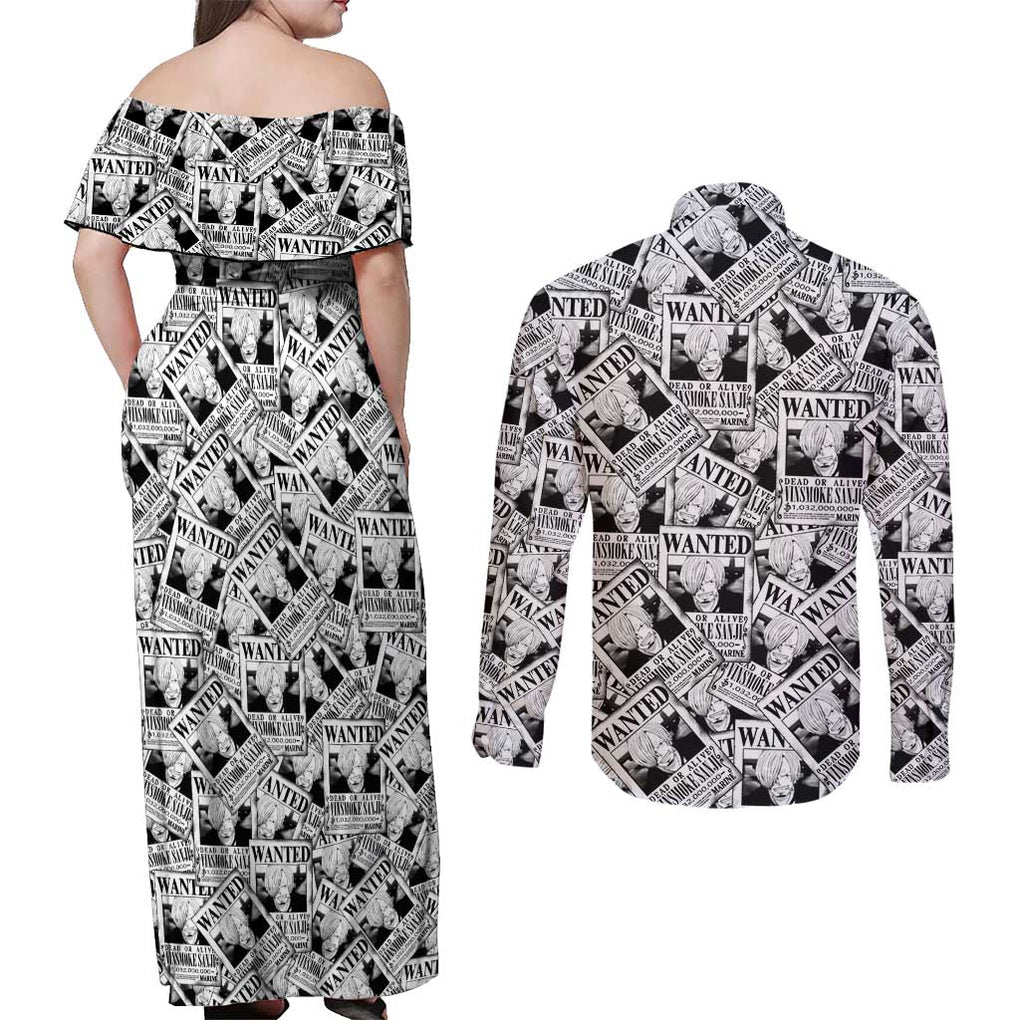 Sanji Wanted - One Piece Couples Matching Off Shoulder Maxi Dress and Long Sleeve Button Shirt Anime Style