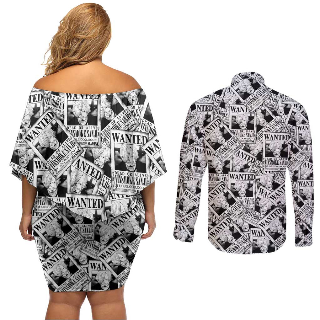 Sanji Wanted - One Piece Couples Matching Off Shoulder Short Dress and Long Sleeve Button Shirt Anime Style