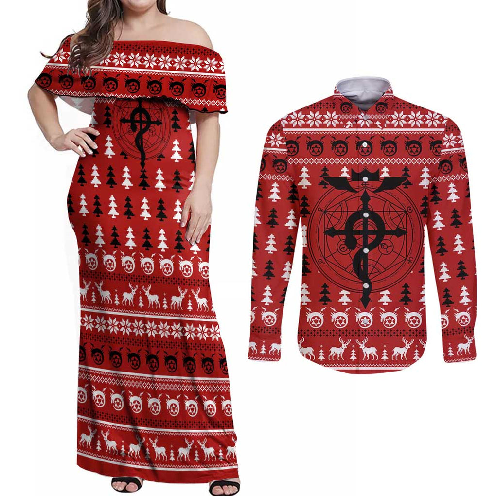 Fullmetal Alchemist - Fullmetal Alchemist Couples Matching Off Shoulder Maxi Dress and Long Sleeve Button Shirt Anime Mix Christmas Style