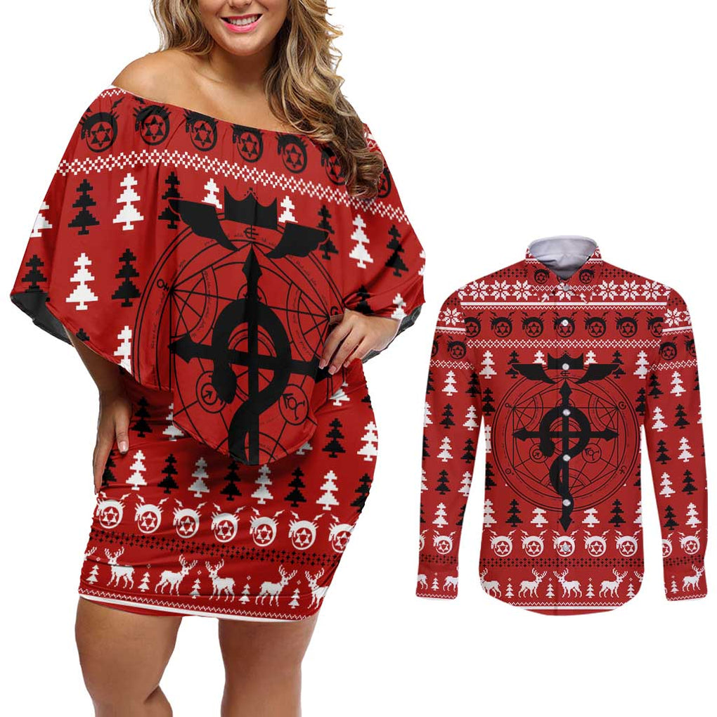 Fullmetal Alchemist - Fullmetal Alchemist Couples Matching Off Shoulder Short Dress and Long Sleeve Button Shirt Anime Mix Christmas Style
