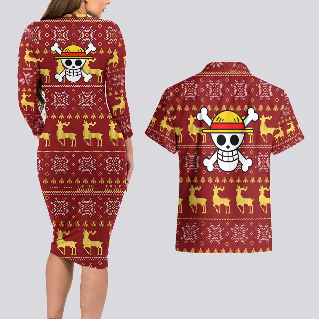 Luffy - One Piece Couples Matching Long Sleeve Bodycon Dress and Hawaiian Shirt Anime Mix Christmas Style