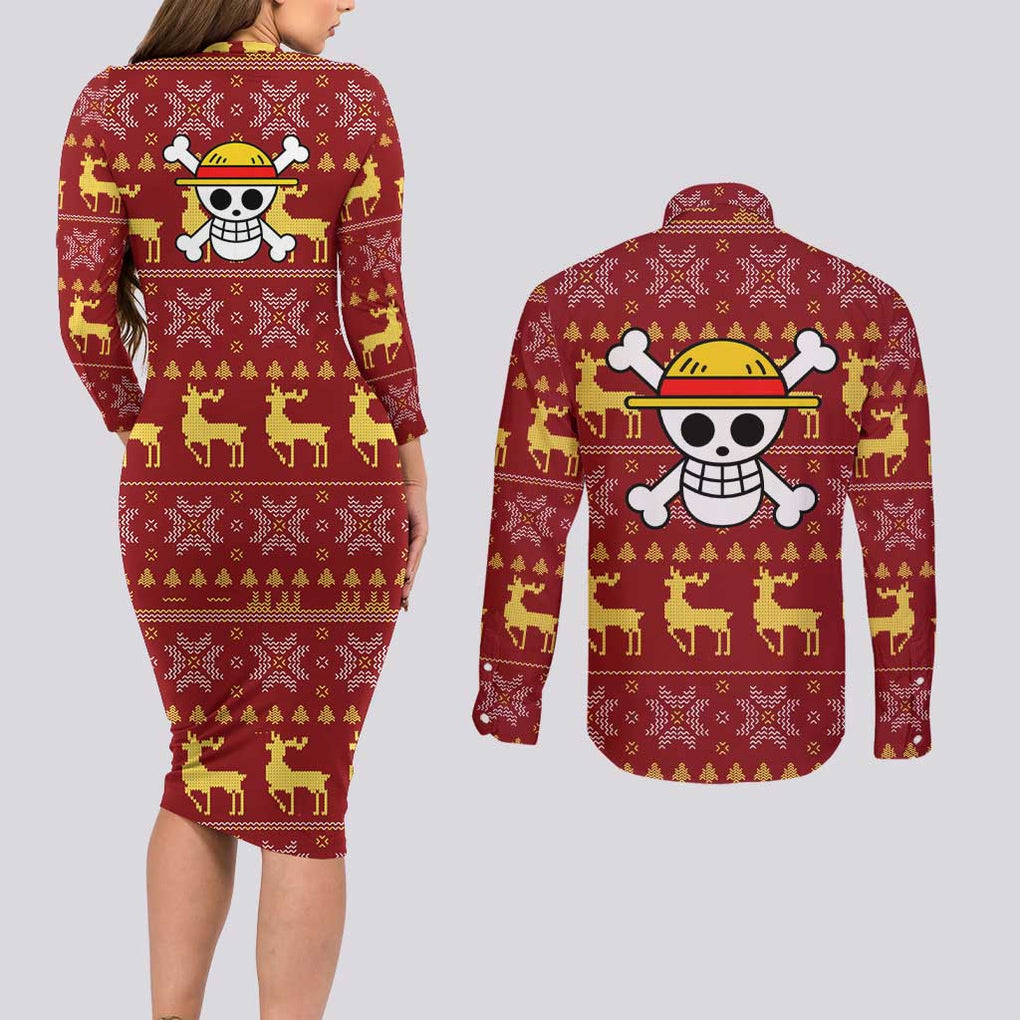 Luffy - One Piece Couples Matching Long Sleeve Bodycon Dress and Long Sleeve Button Shirt Anime Mix Christmas Style