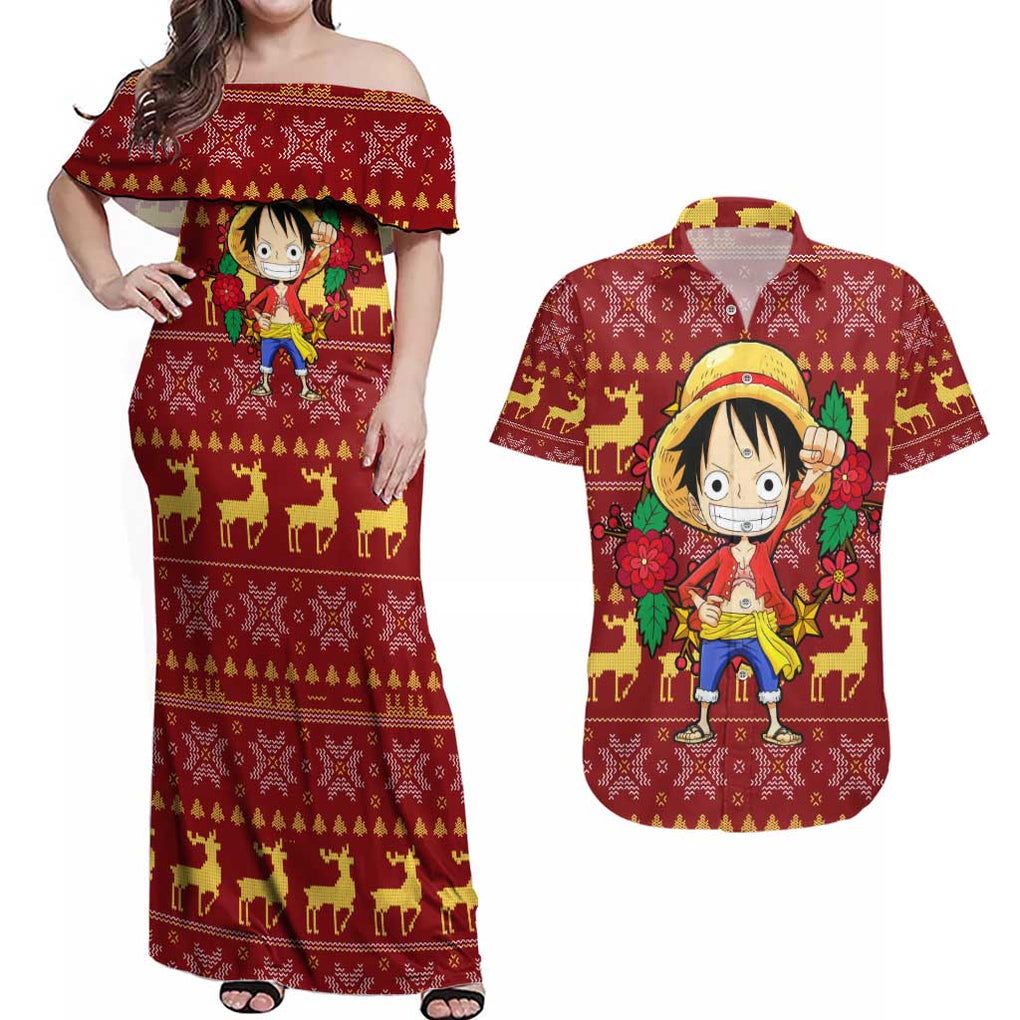Luffy - One Piece Couples Matching Off Shoulder Maxi Dress and Hawaiian Shirt Anime Mix Christmas Style