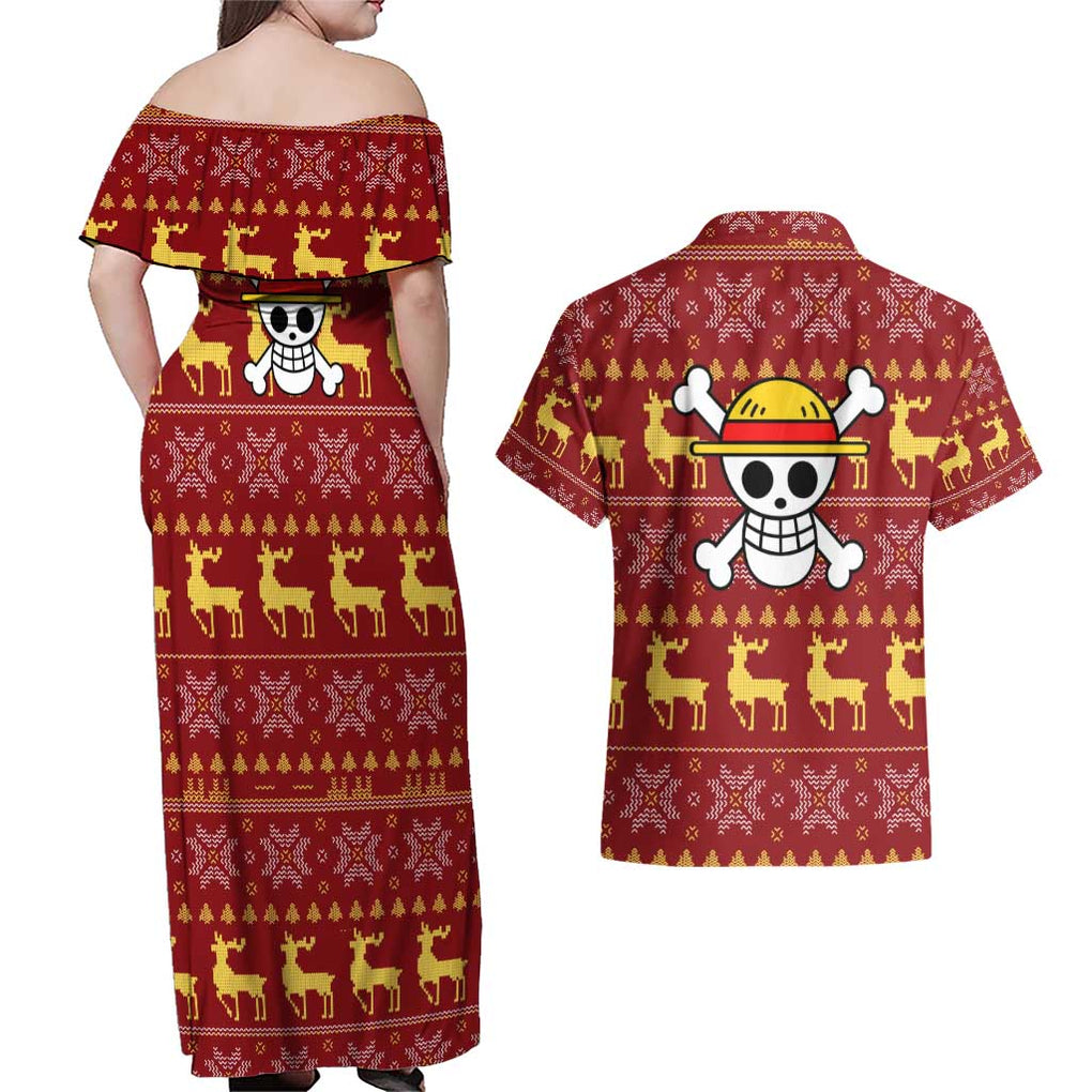 Luffy - One Piece Couples Matching Off Shoulder Maxi Dress and Hawaiian Shirt Anime Mix Christmas Style