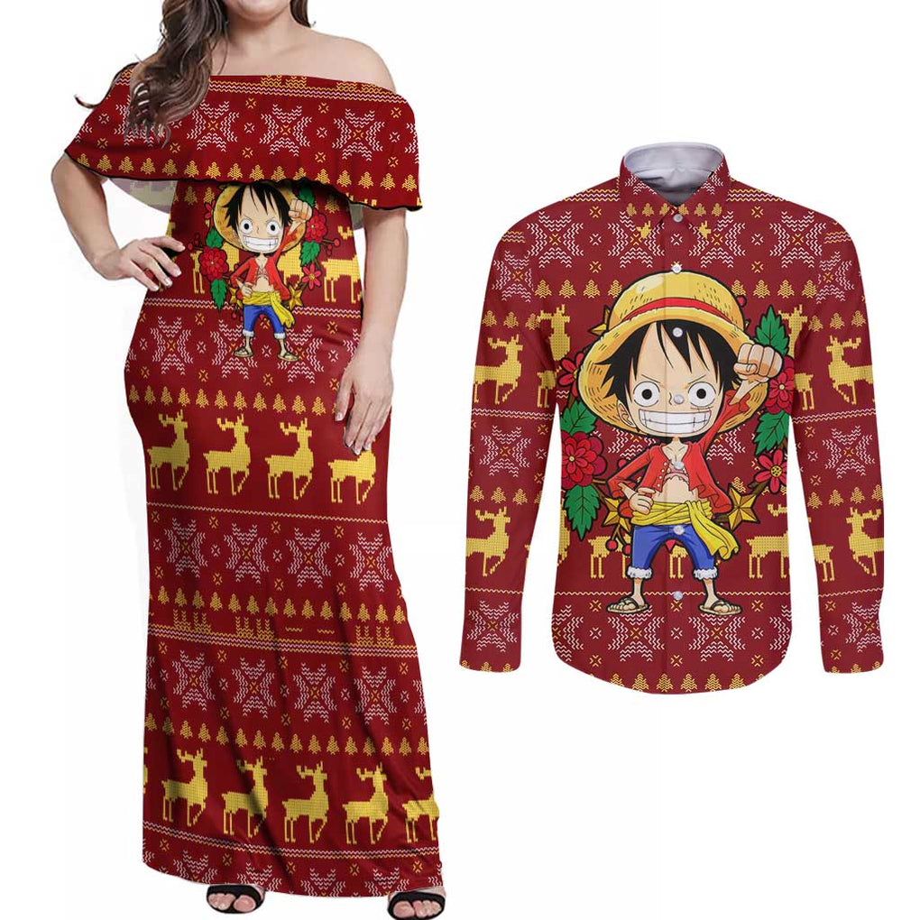 Luffy - One Piece Couples Matching Off Shoulder Maxi Dress and Long Sleeve Button Shirt Anime Mix Christmas Style