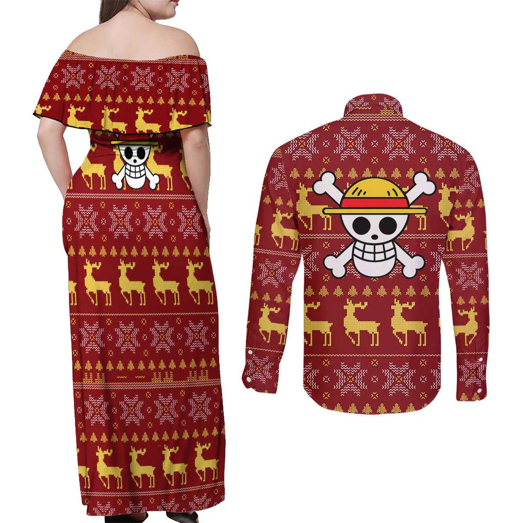 Luffy - One Piece Couples Matching Off Shoulder Maxi Dress and Long Sleeve Button Shirt Anime Mix Christmas Style