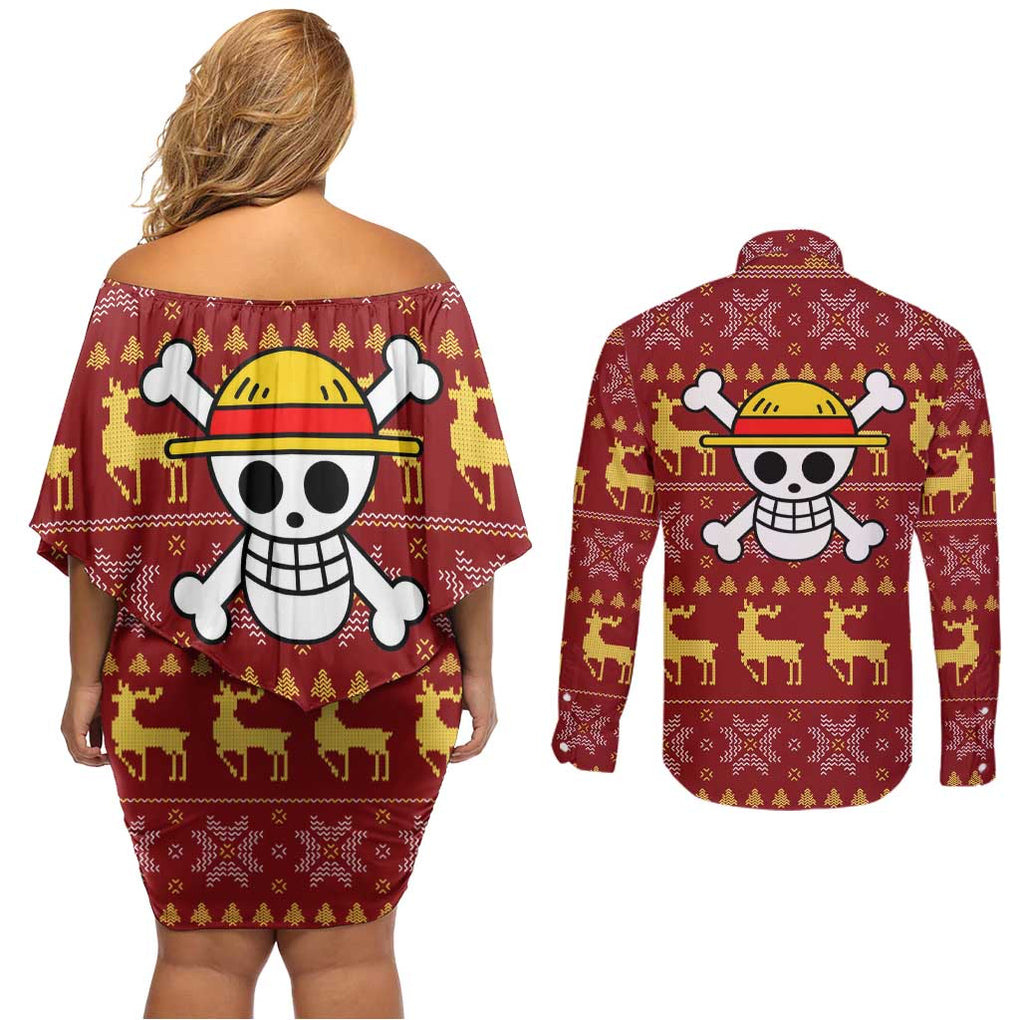 Luffy - One Piece Couples Matching Off Shoulder Short Dress and Long Sleeve Button Shirt Anime Mix Christmas Style