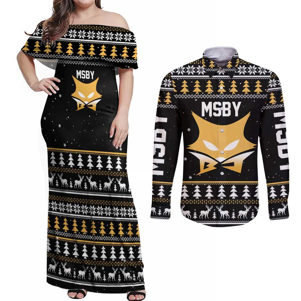 MSBY - MSBY Black Jackal Couples Matching Off Shoulder Maxi Dress and Long Sleeve Button Shirt Anime Mix Christmas Style