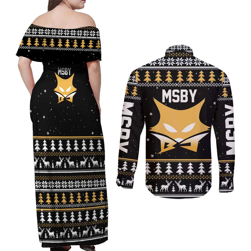 MSBY - MSBY Black Jackal Couples Matching Off Shoulder Maxi Dress and Long Sleeve Button Shirt Anime Mix Christmas Style