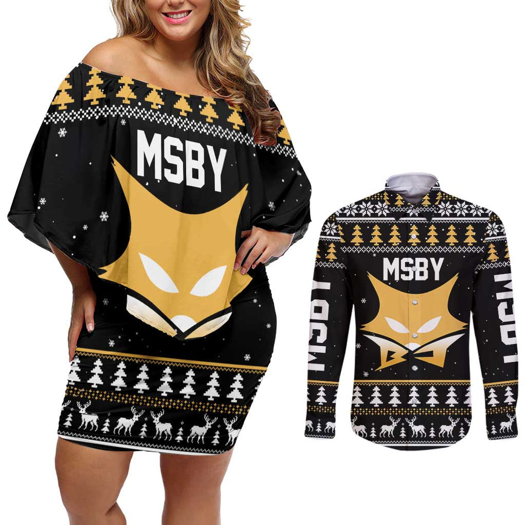 MSBY - MSBY Black Jackal Couples Matching Off Shoulder Short Dress and Long Sleeve Button Shirt Anime Mix Christmas Style