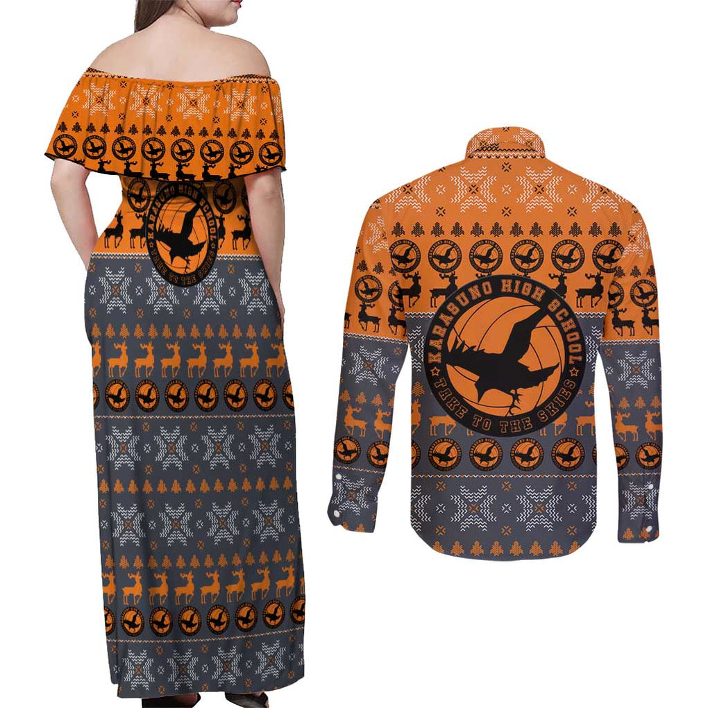 Karasuno - Haikyuu Couples Matching Off Shoulder Maxi Dress and Long Sleeve Button Shirt Anime Mix Christmas Style