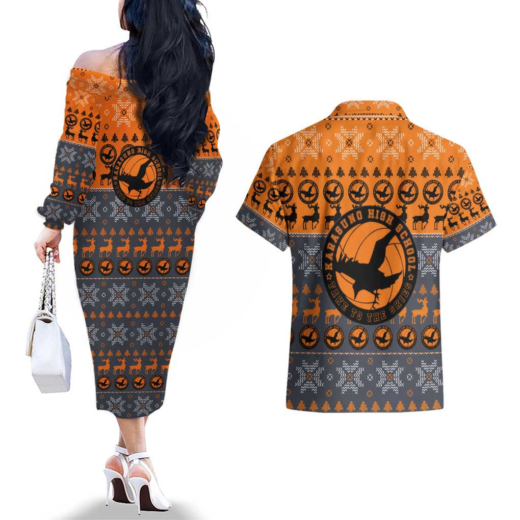 Karasuno - Haikyuu Couples Matching Off The Shoulder Long Sleeve Dress and Hawaiian Shirt Anime Mix Christmas Style