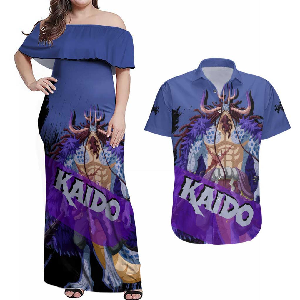 Kaido - One Piece Couples Matching Off Shoulder Maxi Dress and Hawaiian Shirt Anime Style