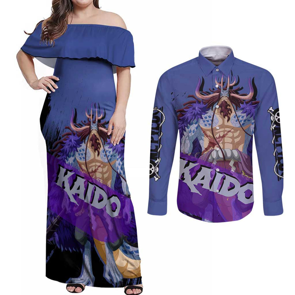 Kaido - One Piece Couples Matching Off Shoulder Maxi Dress and Long Sleeve Button Shirt Anime Style