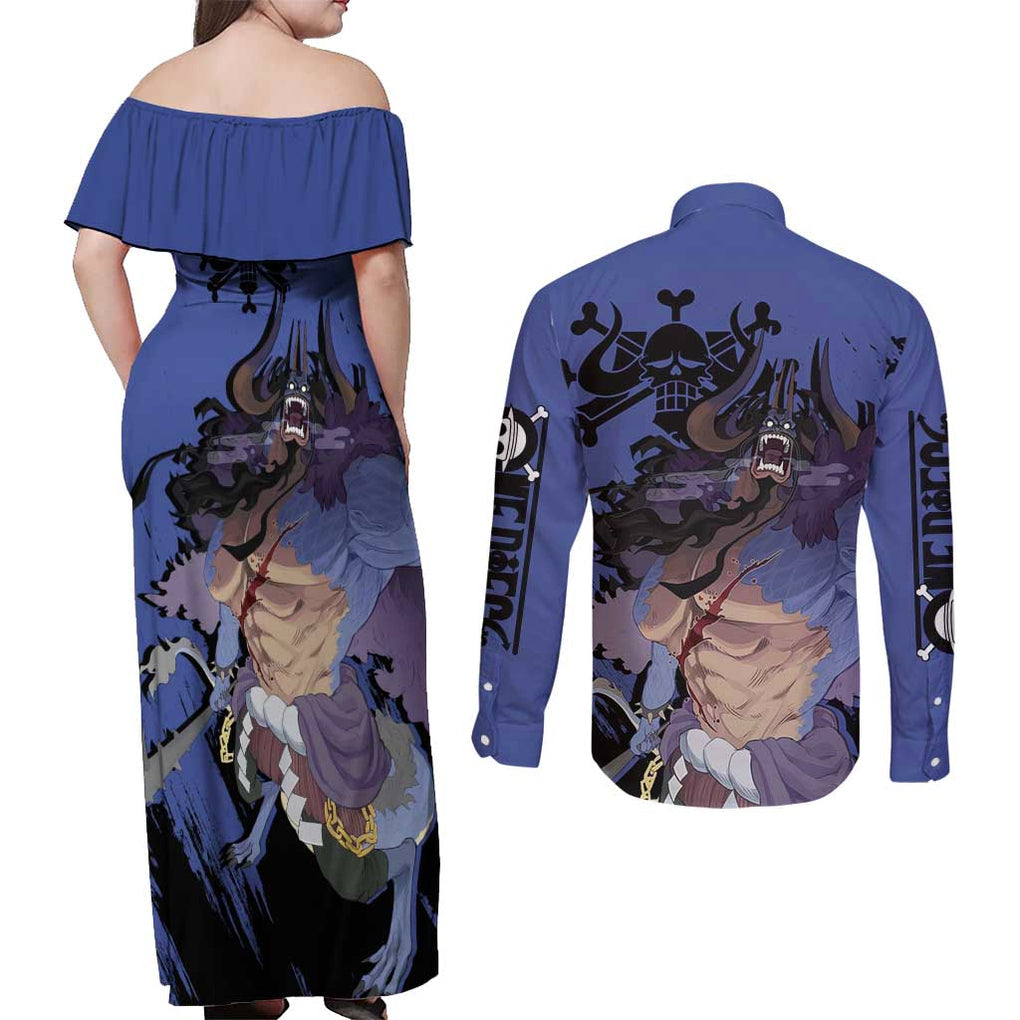 Kaido - One Piece Couples Matching Off Shoulder Maxi Dress and Long Sleeve Button Shirt Anime Style