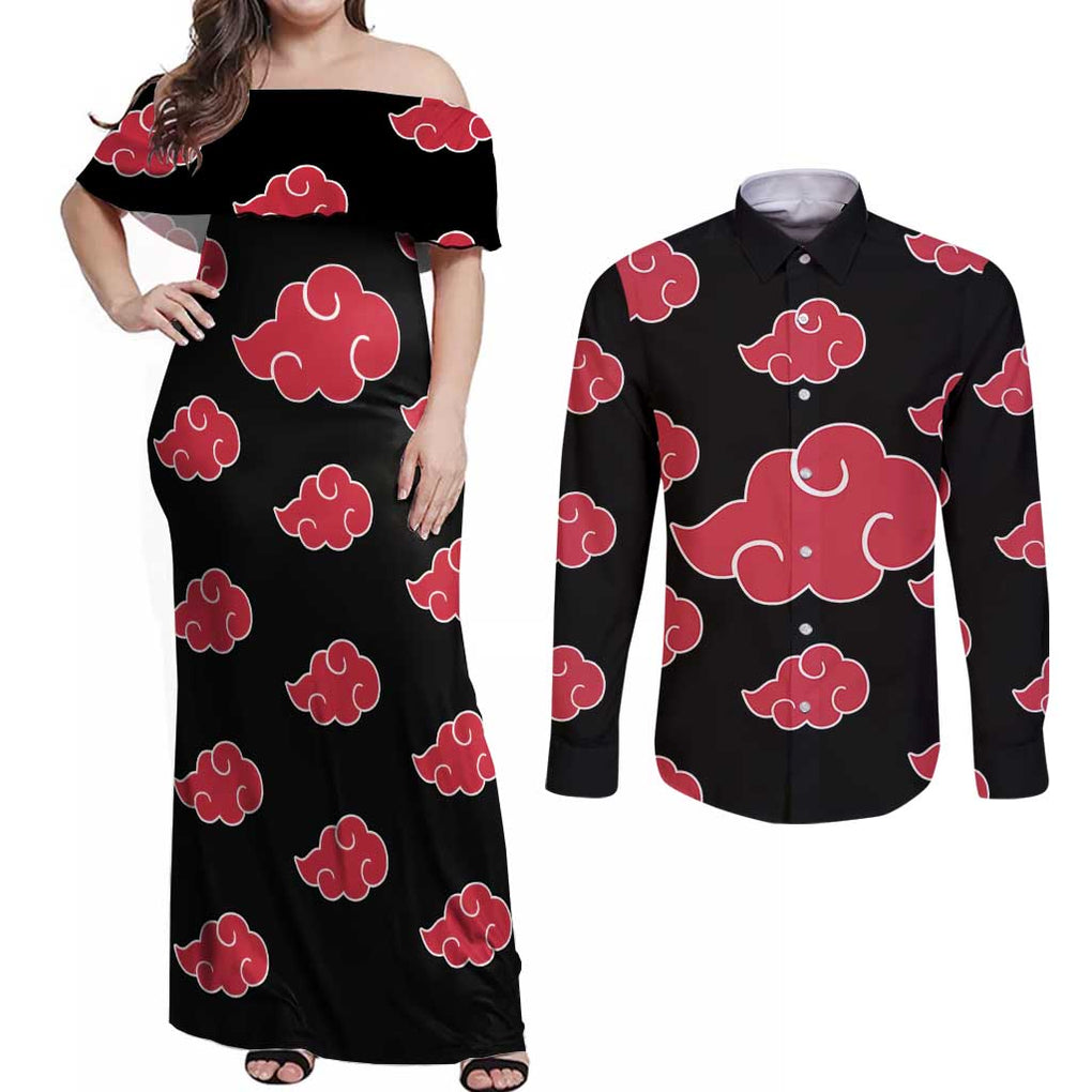 Akatsuki Uniform - Naruto Couples Matching Off Shoulder Maxi Dress and Long Sleeve Button Shirt Anime Style