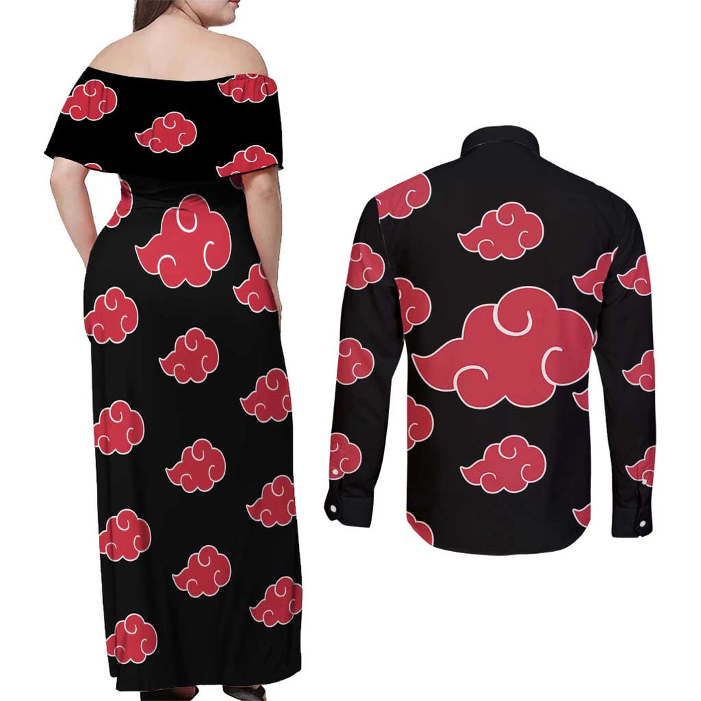 Akatsuki Uniform - Naruto Couples Matching Off Shoulder Maxi Dress and Long Sleeve Button Shirt Anime Style