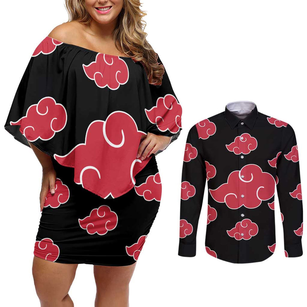 Akatsuki Uniform - Naruto Couples Matching Off Shoulder Short Dress and Long Sleeve Button Shirt Anime Style
