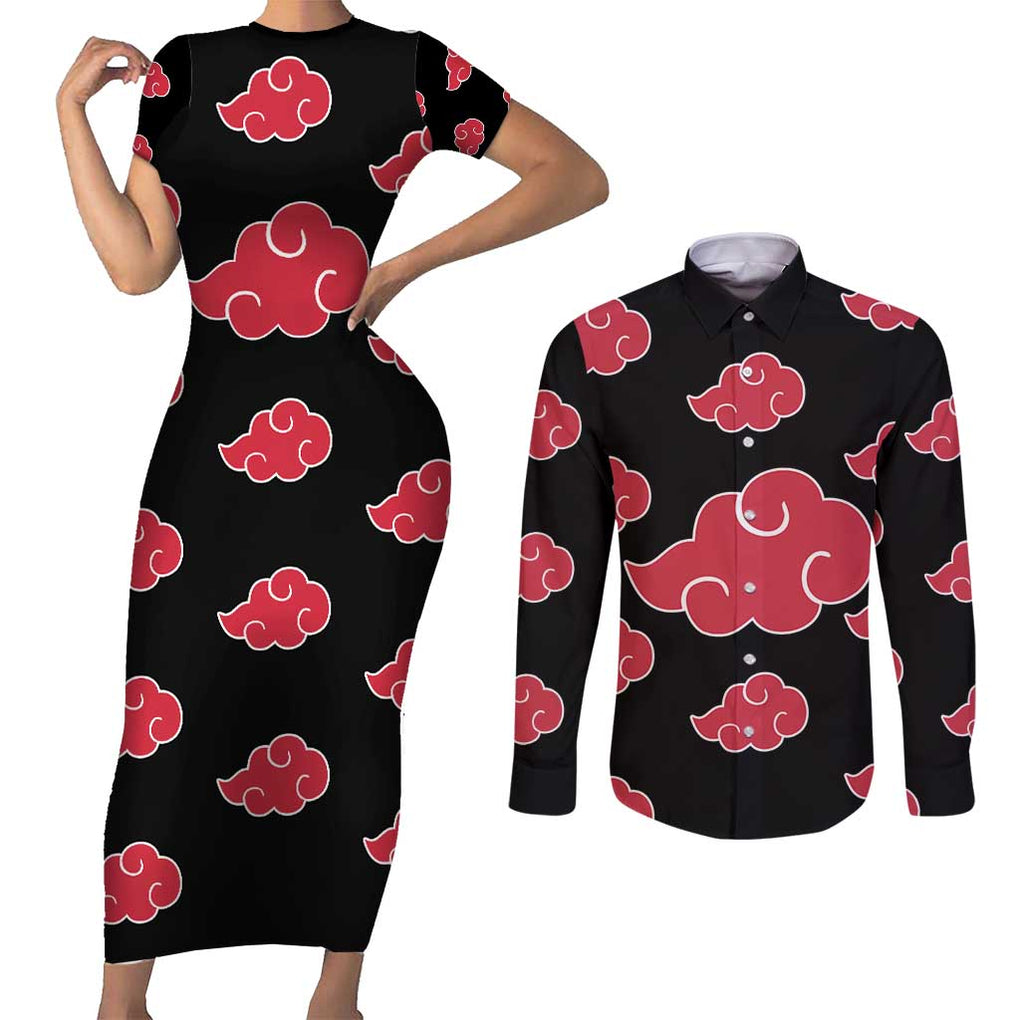 Akatsuki Uniform - Naruto Couples Matching Short Sleeve Bodycon Dress and Long Sleeve Button Shirt Anime Style
