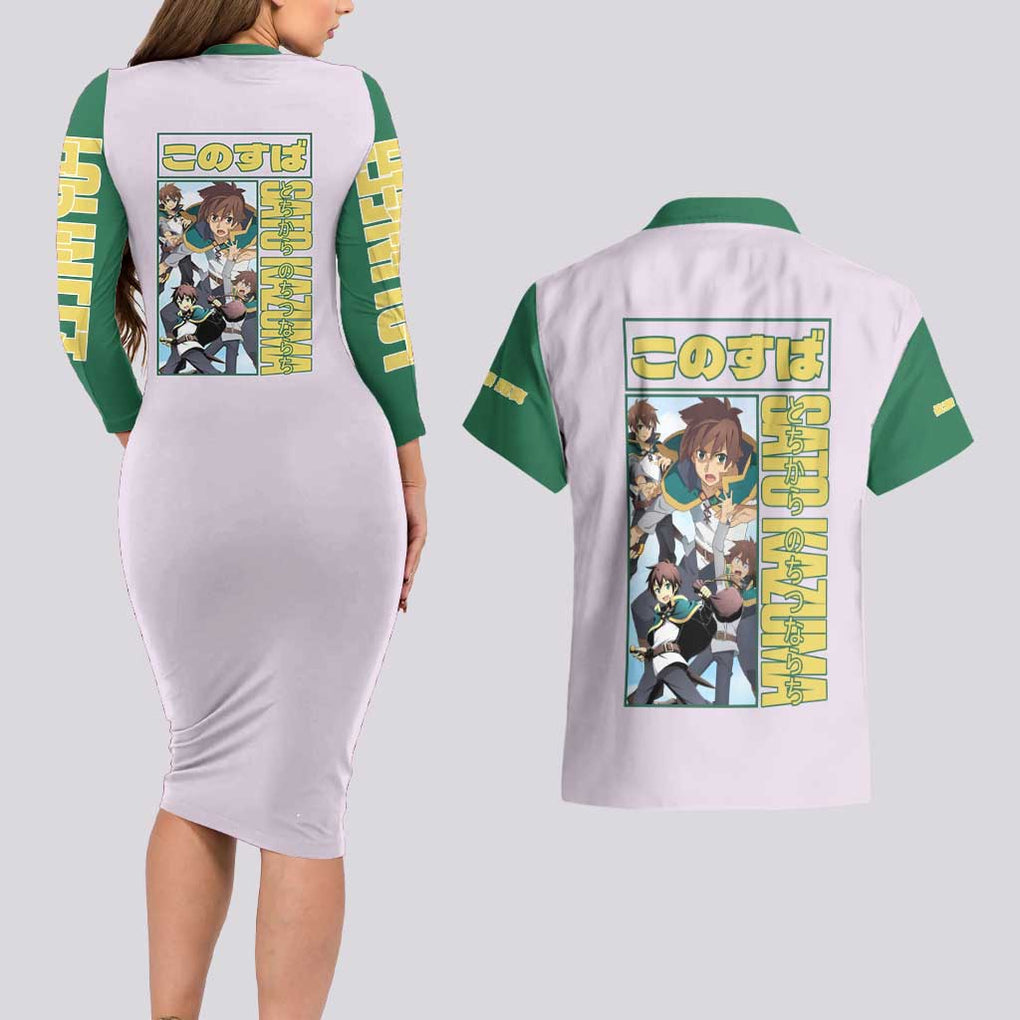 Sato Kazuma Konosuba Couples Matching Long Sleeve Bodycon Dress and Hawaiian Shirt Anime Style