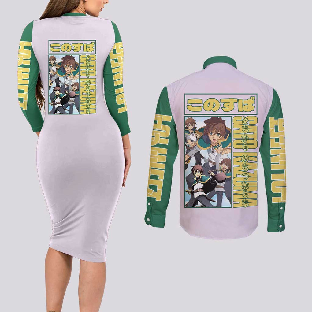 Sato Kazuma Konosuba Couples Matching Long Sleeve Bodycon Dress and Long Sleeve Button Shirt Anime Style