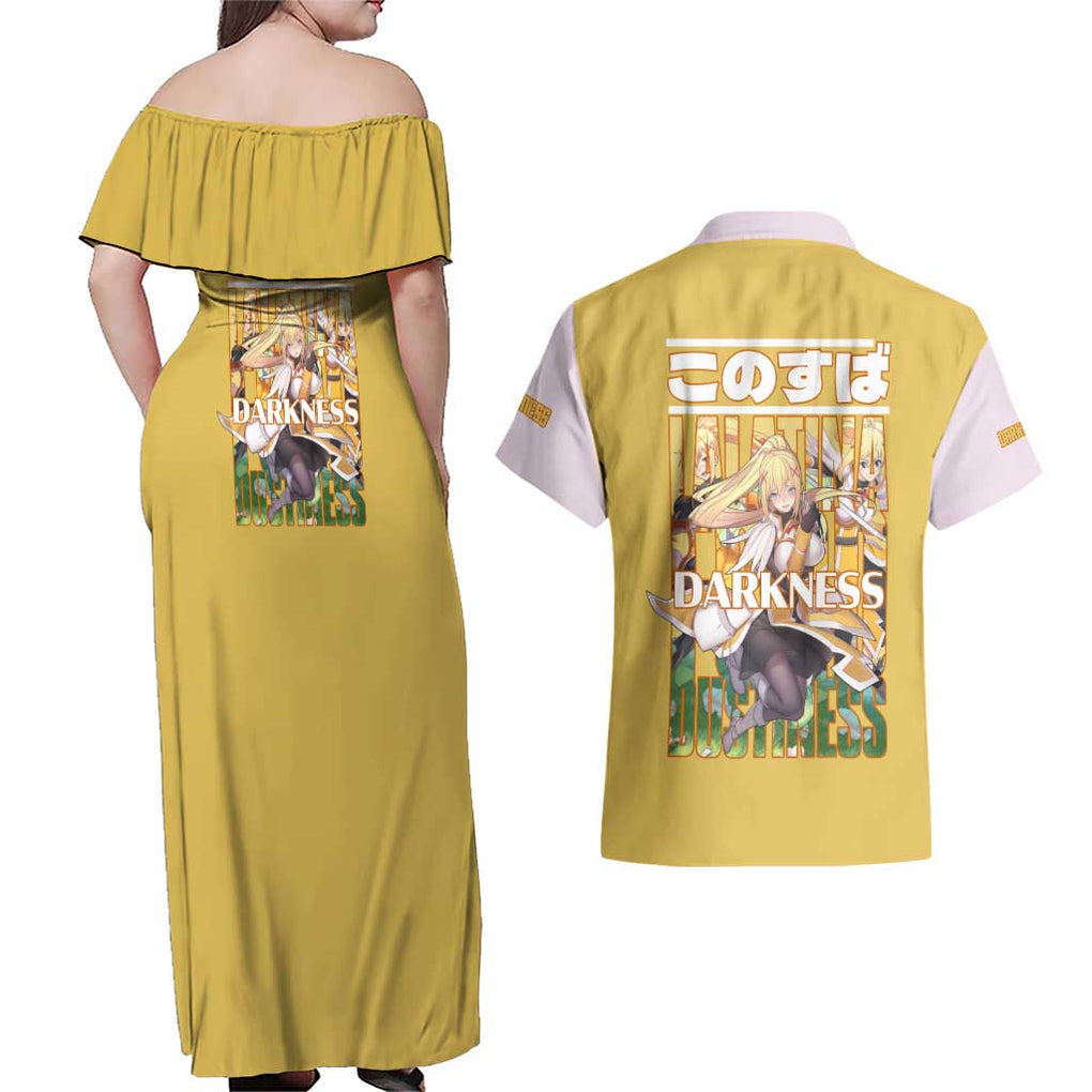 Darkness Konosuba Couples Matching Off Shoulder Maxi Dress and Hawaiian Shirt Anime Style