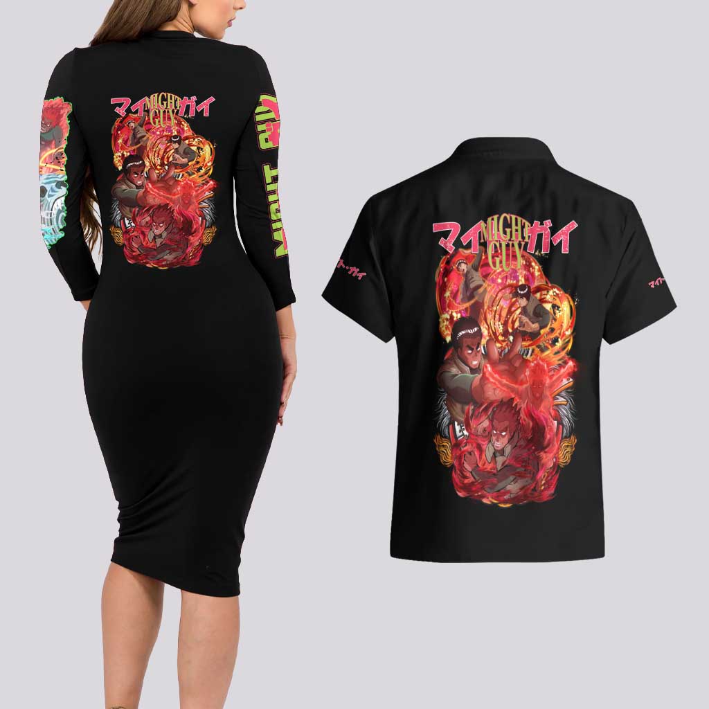 Might Guy V2 Naruto Couples Matching Long Sleeve Bodycon Dress and Hawaiian Shirt Japan Anime Style - The Mazicc