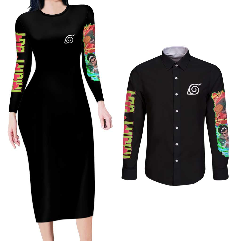 Might Guy V2 Naruto Couples Matching Long Sleeve Bodycon Dress and Long Sleeve Button Shirt Japan Anime Style - The Mazicc