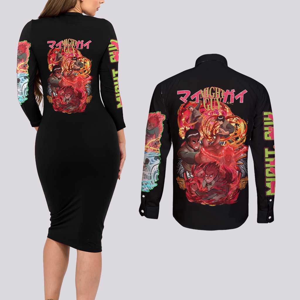 Might Guy V2 Naruto Couples Matching Long Sleeve Bodycon Dress and Long Sleeve Button Shirt Japan Anime Style - The Mazicc