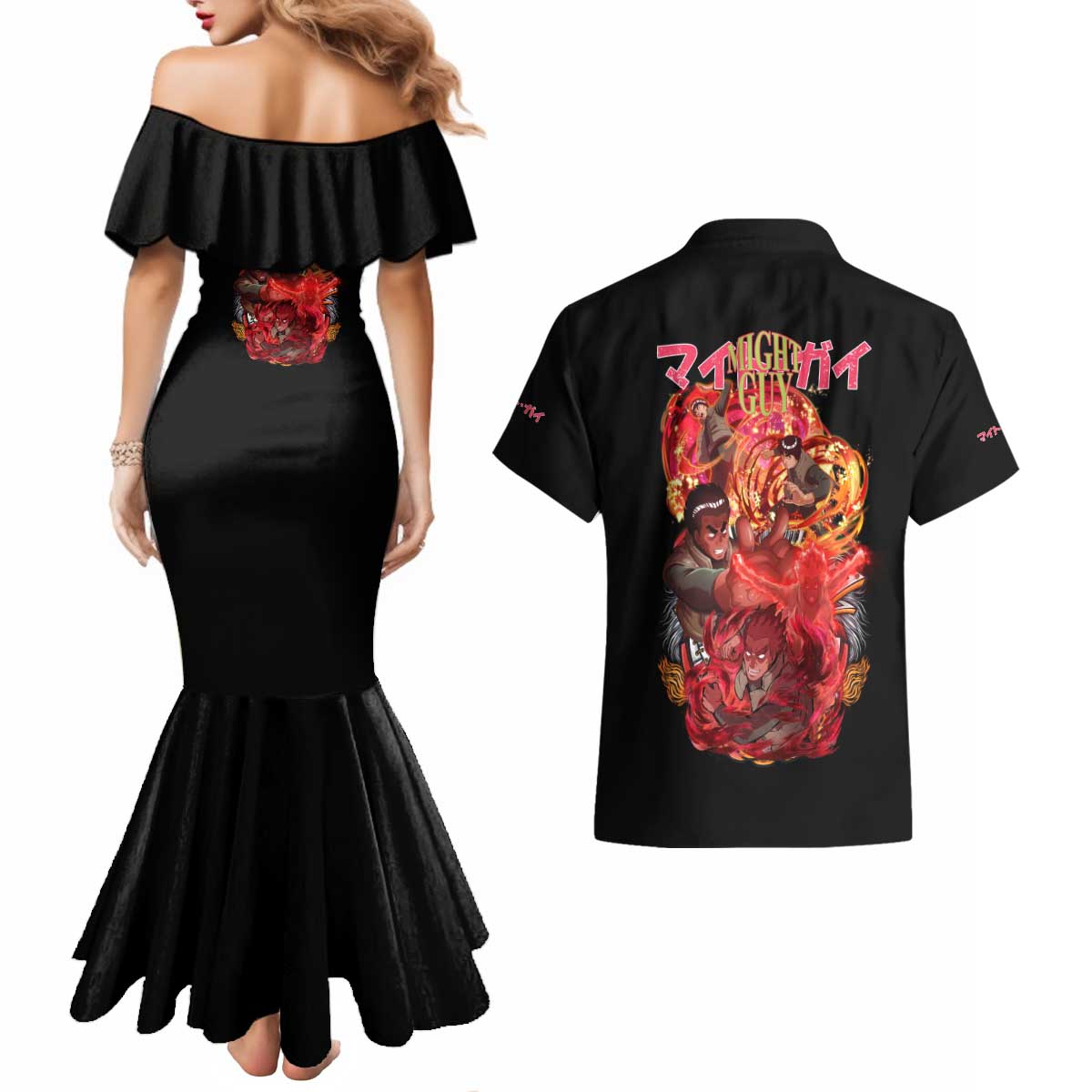 Might Guy V2 Naruto Couples Matching Mermaid Dress and Hawaiian Shirt Japan Anime Style - The Mazicc