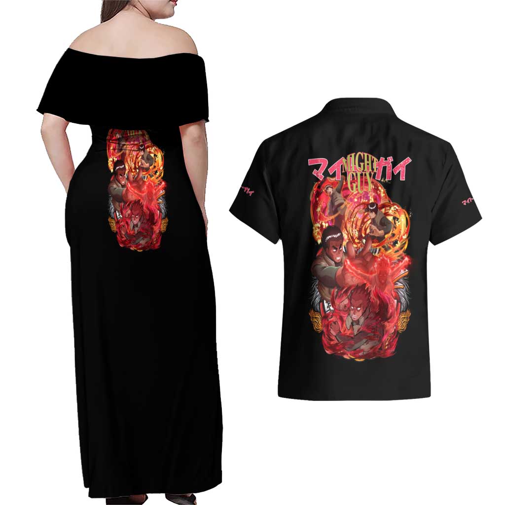Might Guy V2 Naruto Couples Matching Off Shoulder Maxi Dress and Hawaiian Shirt Japan Anime Style - The Mazicc