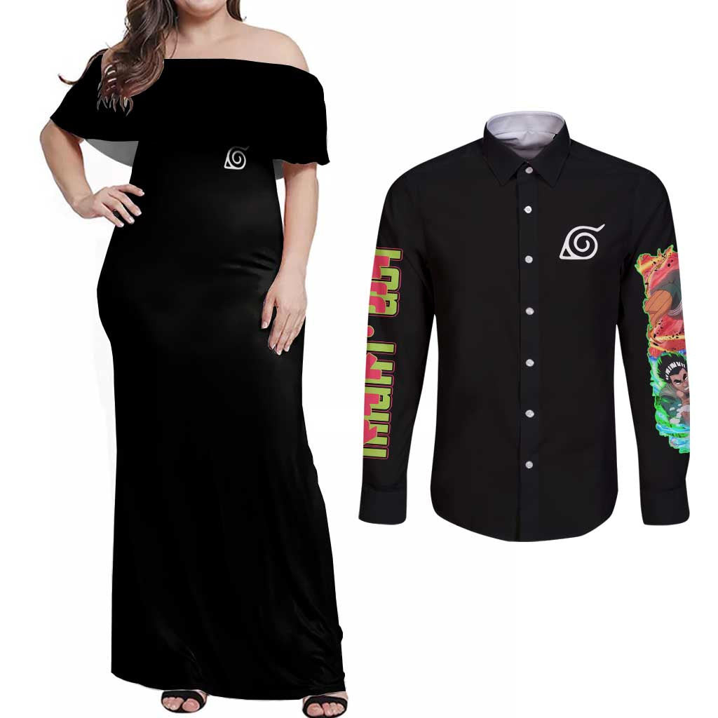 Might Guy V2 Naruto Couples Matching Off Shoulder Maxi Dress and Long Sleeve Button Shirt Japan Anime Style - The Mazicc