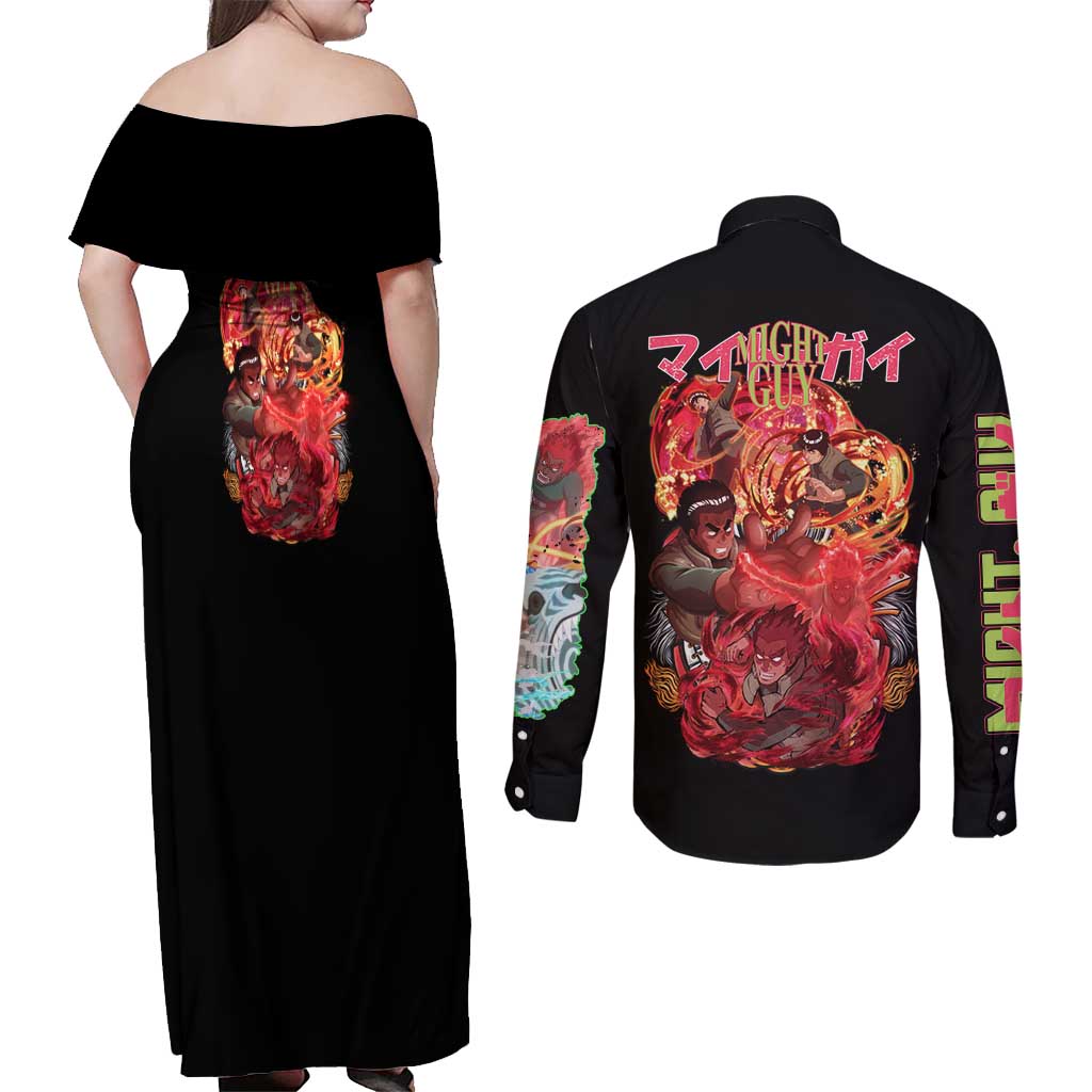 Might Guy V2 Naruto Couples Matching Off Shoulder Maxi Dress and Long Sleeve Button Shirt Japan Anime Style - The Mazicc